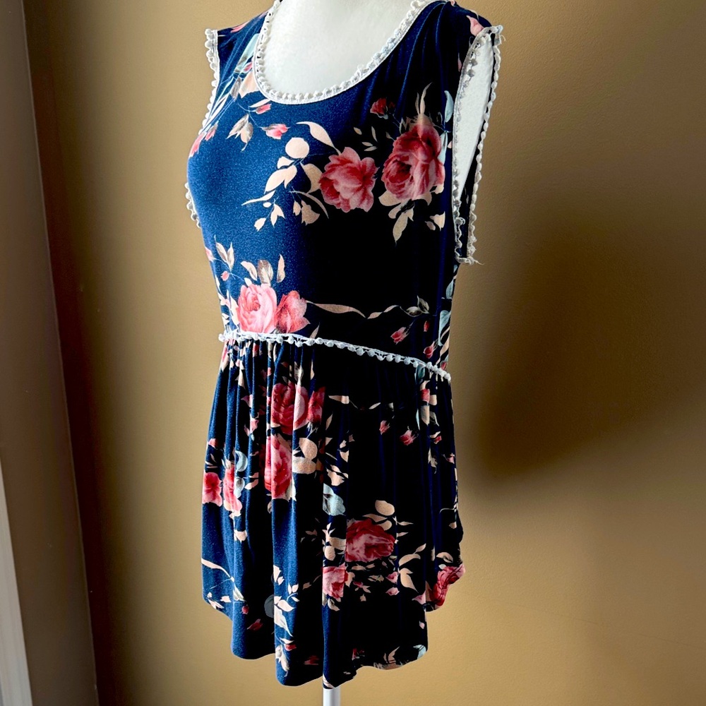 Floral Sleeveless Top - Navy and Pink